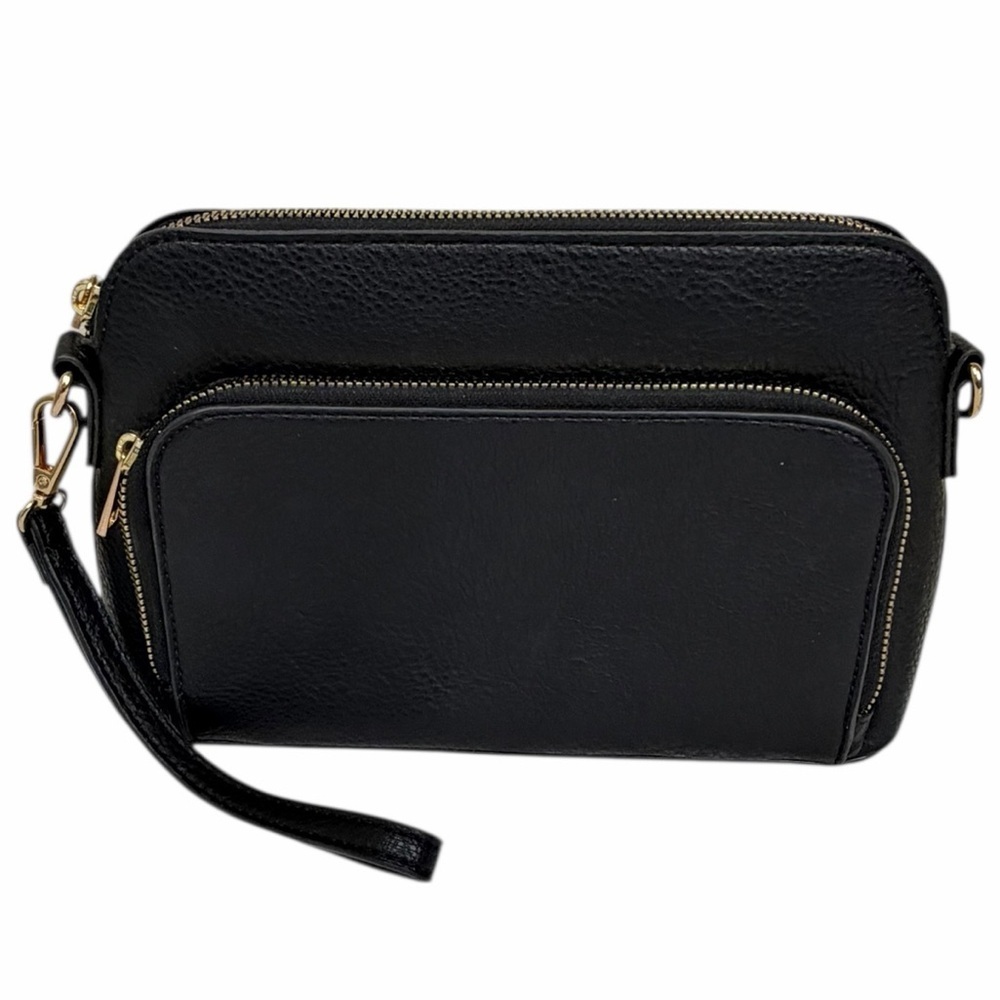 Marvolia Black Pebbled Leather Wristlet Clutch Zip Pouch Gold Hardware